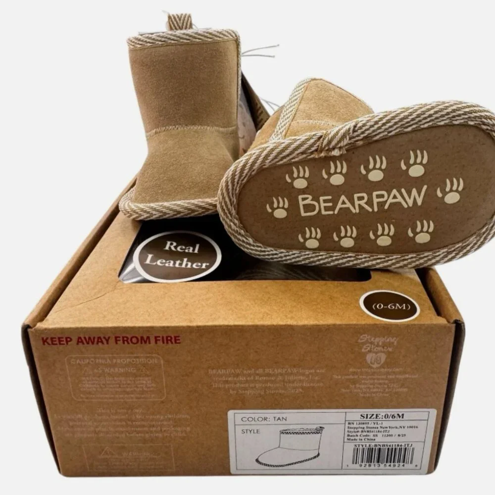 NWT Bearpaw Infant Booties Real Leather Shearling Tan Unisex 0–6M